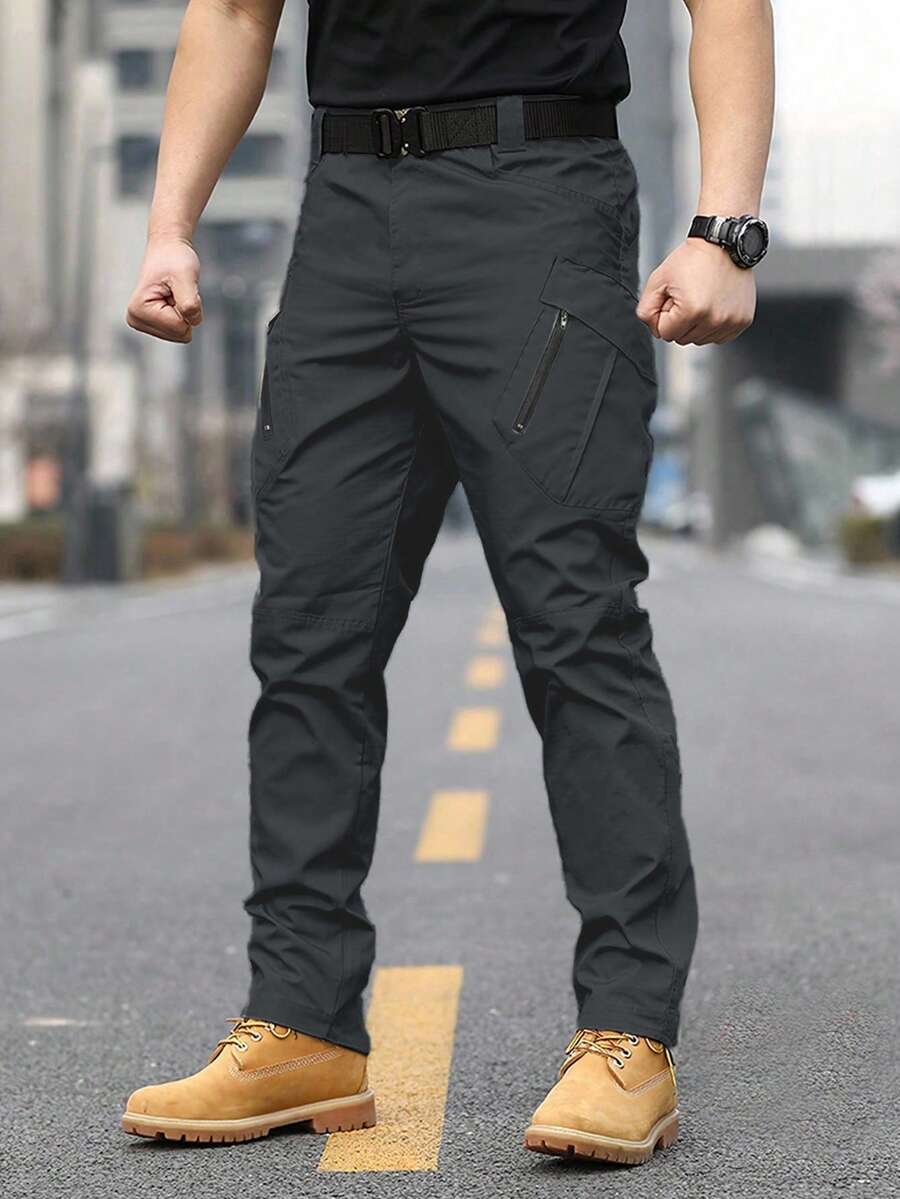 Manfinity Homme Quần dài thể thao nam phong cách thường ngày có túi khóa kéo và cúc bấm - Màu xám đen - Xem 1