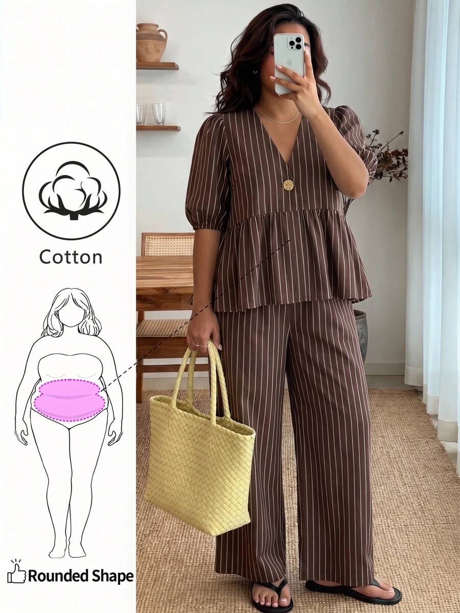 Enliva Bộ hai món nữ size lớn tay phồng bèo nhún, áo cổ chữ V và quần eo co giãn, bộ hai món mùa hè cho nữ, bộ đi làm kẻ sọc màu nâu - màu nâu - Xem 1