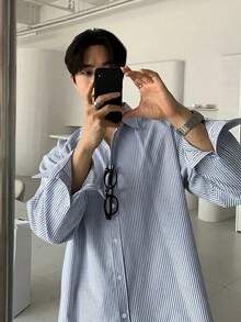 DAZY 男士條紋長袖襯衫，春季 - 藍色 - 查看 4