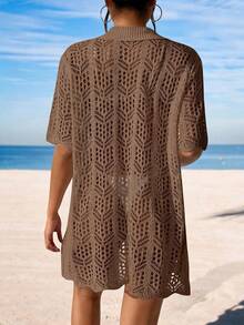 Swim Vcay Women's Solid Color Short Sleeve Hollow Out Kimono Cover Up For Vacation - Brown - View 2