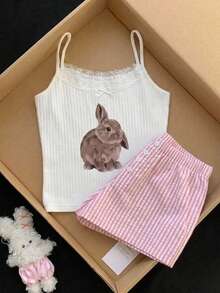 Comfortcana Women's Lace Patchwork Cartoon Pattern Camisole Top And Shorts Casual Daily Two Pieces Set Beach Outfits For Women Country - Pink - View 6