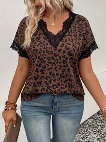 EMERY ROSE Women's Spring/Summer New Arrival Leopard Print Lace Patchwork Casual Versatile Plus Size T-Shirt - Multicolor - View 4