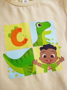 CoComelon X SHEIN Cartoon Dinosaur Print Short Sleeve Casual T-Shirt For Young Boys - Beige - View 4
