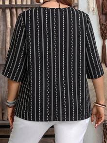 EMERY ROSE Plus Size Women V-Neck Button Striped Contrast Color Casual Shirt - Black - View 2