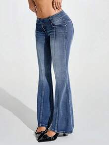 Jeanoix Jeans évasés polyvalents et décontractés pour femmes avec poches - Bleu azur - Voir 3