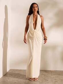 Opulessa Women's Solid Color V-Neck Dress, Suitable For Spring/Summer Vacation Night Out White Beaded Sexy - White - View 3