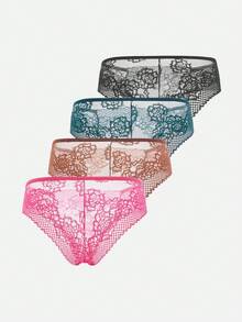 4 Stück/Pack Sexy Spitzen-Patchwork Bikini Höschen, Damen Unterwäsche mit niedriger Taille, nahtlos, ausgeschnitten und bequem - Verschiedenfarbig - Übersicht 4