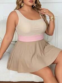 SHEIN CURVE+ 大尺碼女款 2件組對比色抓皺單肩泳衣附沙灘罩衫，適合夏季海灘度假 - 彩色 - 查看 7
