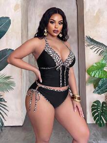 Slaydiva Plus Size 2pcs Bikini Set,Leopard Print Patchwork Black,Deep V-Neck,Adjustable Straps,Tie-Up Triangle Bottoms,Summer Beach Vacation Holiday Swimwear - Black - View 6