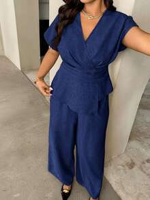 Auralis Neuer eleganter Pendler-Büromode Sommer V-Ausschnitt ärmellos Drop Shoulder Kurzarm Große Größen Top & Gerade Bein Hose/Elegantes 2 Stücke Set - Königsblau - Übersicht 4