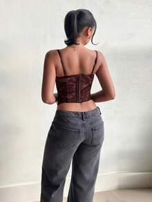 leahseptember 性感蕾絲透視細肩帶上衣，派對、約會之夜、通勤適用，可愛內衣式上衣，性感夜店上衣，束腰上衣，無肩帶上衣，外出上衣，休閒蕾絲上衣，Y2K風格 - 咖啡棕 - 查看 3