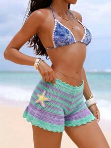 Swim Vcay Crochet Knit Colorblock Green Striped Palm Tree Cute Tropical Boho Casual Elegant Beach Vacation Women Cover-Up Summer - Multicolor - View 4