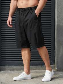 Manfinity Homme Plus Size Men's Black Loose Casual Versatile Knee-Length Shorts Streetwear Shorts Extra Baggy Shorts Loose Fit Cargo Style Shorts - Black - View 3