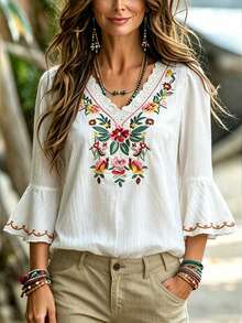 SHEIN Top casual para mujer estilo Cottage Core Boho Old Money vintage con estampado floral, patchwork de encaje, blanco, para vacaciones, otoño, picnic y brunch - Blanco - Ver 4