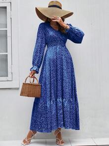 SHEIN Holidaya 碎花荷葉袖荷葉邊連衣裙 - 藍色 - 查看 4
