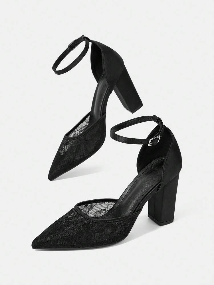 CUCCOO HITCHD Women's Lace Pointed Thick Heel High Heels Buckle Hollow Shoes Wedding Shoes Bridesmaid Shoes Women