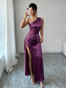 Elenzga 2026夏季新款奢华缎面单肩褶皱高开衩性感长款晚礼服，适合女士参加派对。 - 紫羅蘭色 - 查看 7
