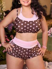 Swim Mod Plus Size Women 2pcs/Set Random Polka Dot Print Contrast Color Casual Swimwear Set - Pink - View 5