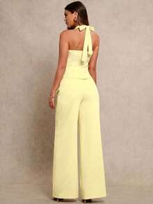 Glamine Halter Tie Waist Slim Sexy Crop Top & Straight Leg Pants 2 Pieces Set, Apricot Woven Fabric, Simple Design, Versatile, New Spring Collection Summer - Yellow - View 2