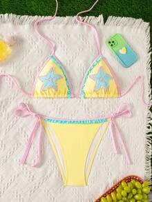Swim Mod Spring/Summer Women's Starfish Embroidery Contrast Color Halter Neck Tie Sexy Cute Bikini Two Pieces Swimwear Set Beach Pool Party Yellow - Yellow - View 3
