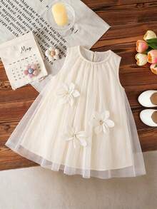 SHEIN Glamorique Kids Baby Mädchen Süßer, traumhafter Tüllkleid, zarte 3D Blumen Dekoration, geeignet für Ausflüge, Urlaub, Fotoshootings, verschiedene Anlässe, Sommerkleid, Hochzeit, Party - Aprikosenfarben - Übersicht 3