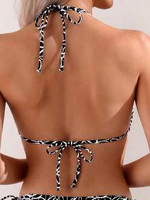 Oceva Spring/Summer Beach Floral Print Colorblock Sexy One-Piece Swimsuit - Black and White - View 4