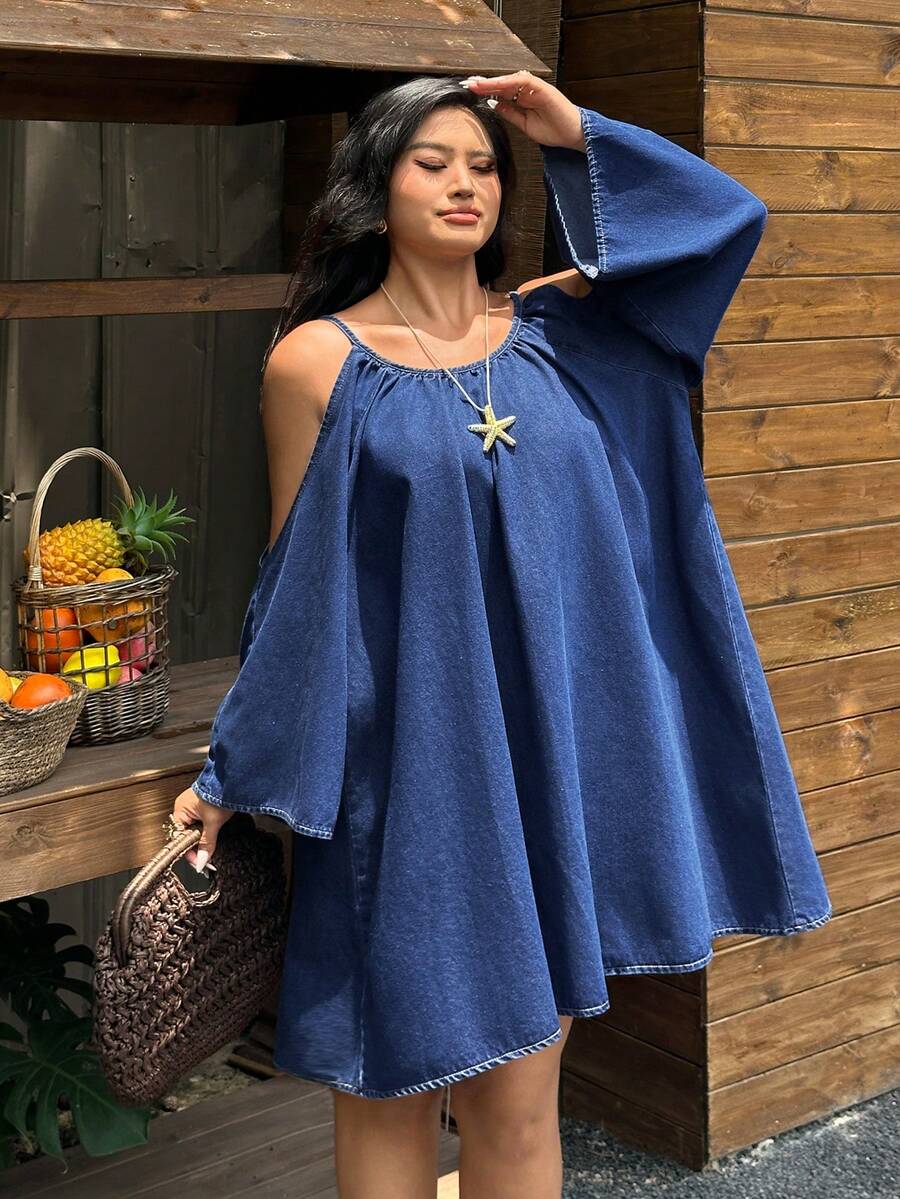Breezaya Gaun Denim Kasual Tanpa Bahu Ukuran Plus - Biru - View 1