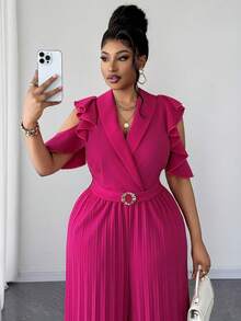 Maweii Jumpsuit Formal Elegan Musim Panas Wanita Ukuran Plus, Leher V, Bahu Terbuka, Lengan Berkerut, Celana Panjang Lebar, Romper Pesta Ninang Merah Muda Buah Naga untuk Pernikahan - Hot Pink - View 6
