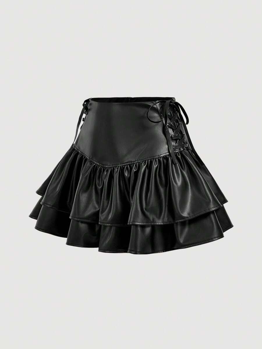 SHEIN MOD 侧边系带荷叶边PU裙 - 黑色 - 查看 1