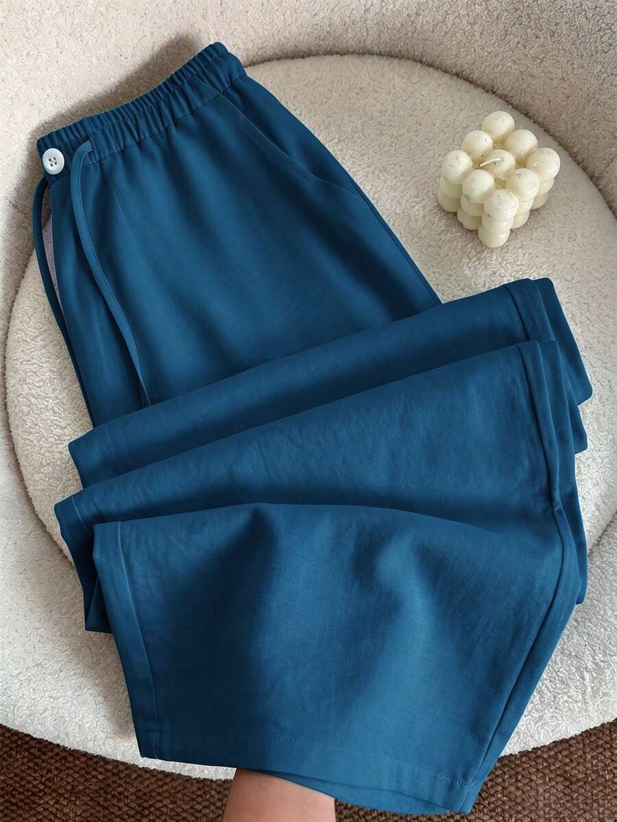 SHEIN LUNE 女款休閒皺褶白色長褲，適合春/夏季日常通勤與外出 - 藍色 - 查看 1