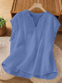 SHEIN LUNE CURVE Plus Size Shirt With Shoulder Ruffle Splice, Textured Linen Comfortable Blouse - Blue - View 1