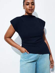 Maija Plus Size Summer Fashion Solid Color Wide Shoulder Asymmetric Hem Tank Top - Navy Blue - View 6
