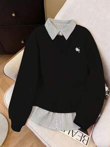 Resyla Women's Striped 2 In 1 Patchwork Equestrian Print Casual Pullover Sweatshirt, Versatile For Daily Wear - Black - View 3