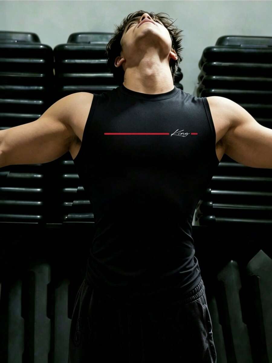 GymBeat Camiseta casual versátil para uso diario y deportes con estampado de letras para hombres - Negro - Ver 1