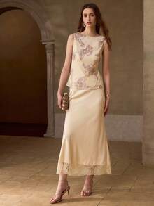 MOTF PREMIUM ROMANTIC MESH EMBROIDERED SLEEVELESS TOP FOR WOMEN - Apricot - View 5