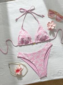 Swim Mod Women's Sweet And Cute Pink Floral Patterned Reversible Bikini Swimsuit Set Vacation Summer Casual,Pink Plaid Seashell Pendant Bikini - Multicolor - View 3