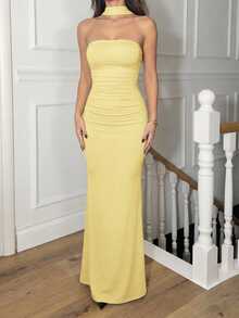 Ronhire Beige Color Off The Shoulder Ruched Halterneck Maxi Dress, Prom Dresses For Women Evening Dresses For Women Prom Dresses For Ladies Birthday Party - Yellow - View 3