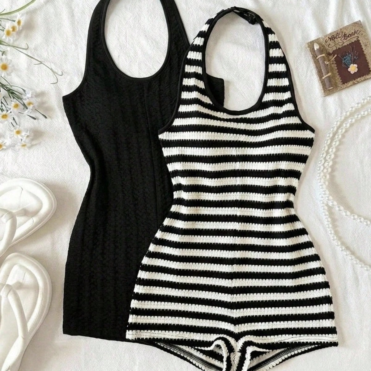 Mono de verano informal con textura y cuello halter para niñas preadolescentes
