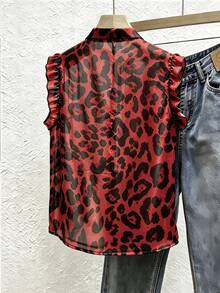 SHEIN Franclia Casual Leopard Print Ruffle Hem Sleeveless Shirt, Summer - Burnt Orange - View 2