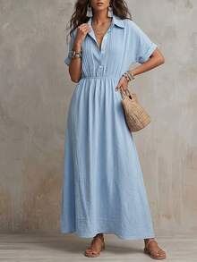 SHEIN Holidaya Vestido de camisa de cuello texturizado azul claro de verano, vestido midi de línea A de manga corta con cintura plisada al estilo francés, vestido largo versátil y estilizador para la oficina y uso casual - Azul - Ver 4
