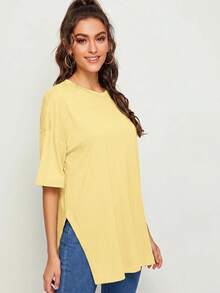 SHEIN Essnce Women's Casual Loose Fit Solid Color Drop Shoulder Short Sleeve T-Shirt - Light Yellow - View 3