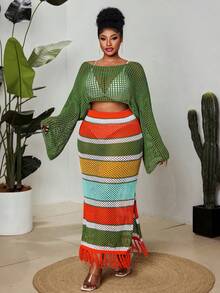 Maweii Plus Size Women's Knitwear Olive Green Sweater Two Pieces Set,Multi-Color Stripes Contrast Short Top,Long Midi Skirt, Boho Summer Vacation Casual - Multicolor - View 5