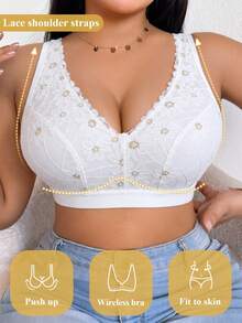 DesireSculpt 1pc Plus Size Lace Wireless Bra - White - View 4