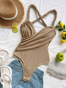 Soleia Spring/Summer New Casual Vacation Western Beach Wedding Guest Attire Graduation Brunch St Ruched Bodysuit For Women No Chest Padding - Khaki - View 4