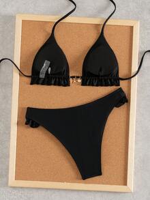 Swim Mod Bộ bikini 2 mảnh nữ mùa hè mới đi biển nghỉ dưỡng, phong cách casual ngọt ngào, vải phối màu colorblock kẻ sọc vân nổi, viền hoa dễ thương, đính mặt dây chuyền sao biển và vỏ sò kim loại tinh xảo, hở lưng sexy, dây buộc - màu đen - Xem 2