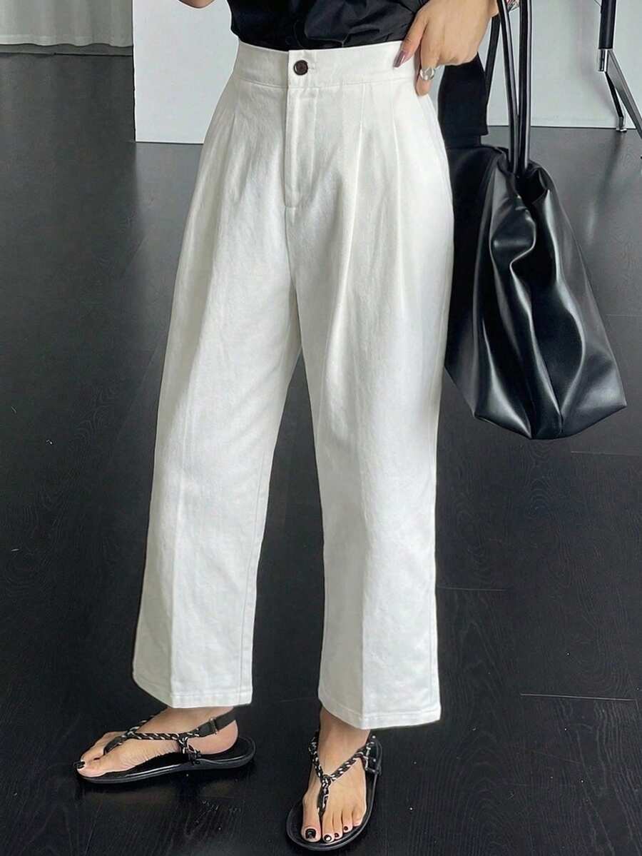 DAZY 女款純色鈕扣百褶休閒百搭日常旅行長褲 夏季 - 白色 - 查看 1