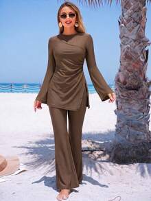 SHEIN Swim Damen konservatives braunes langärmliges Burkini-Badeanzug-Set, asymmetrischer A-Linien-Saum, figurbetonigte Taille, schlankmachendes Oberteil und leicht ausgestellte Hose, stilvolles und einfaches Badeanzug-Zweiteiler-Set - Braun - Übersicht 2
