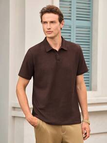 Men's Solid Color Semi-Transparent Golf Shirt, Waffle Thin Casual Short Sleeve Elastic Polo Shirt, Suitable For Leisure Outdoor, Spring/Summer - Chocolate Brown - View 5