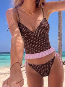Swim Mod Set Bikini Tank Top Seksi Manis Berkerut untuk Wanita di Pantai Musim Panas dengan Motif Polkadot - Coklat - View 4