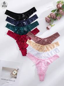 Snug Zone 8件套多色浪漫性感蕾丝女士丁字裤和T型背内裤，舒适 - 彩色 - 查看 2